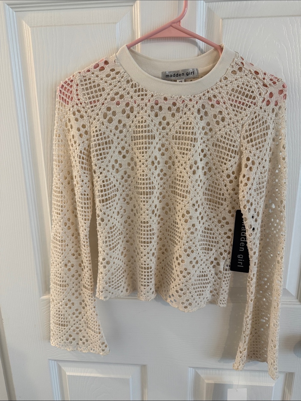 Madden Girl Cream Crochet Open-Knit Long Sleeve Top
